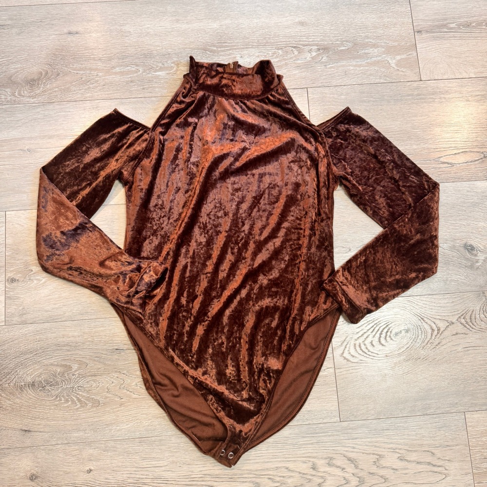 Vintage Croquet Club Velvet Bodysuit Brown Cold Shoulder Medium M‎ Mock Neck Top